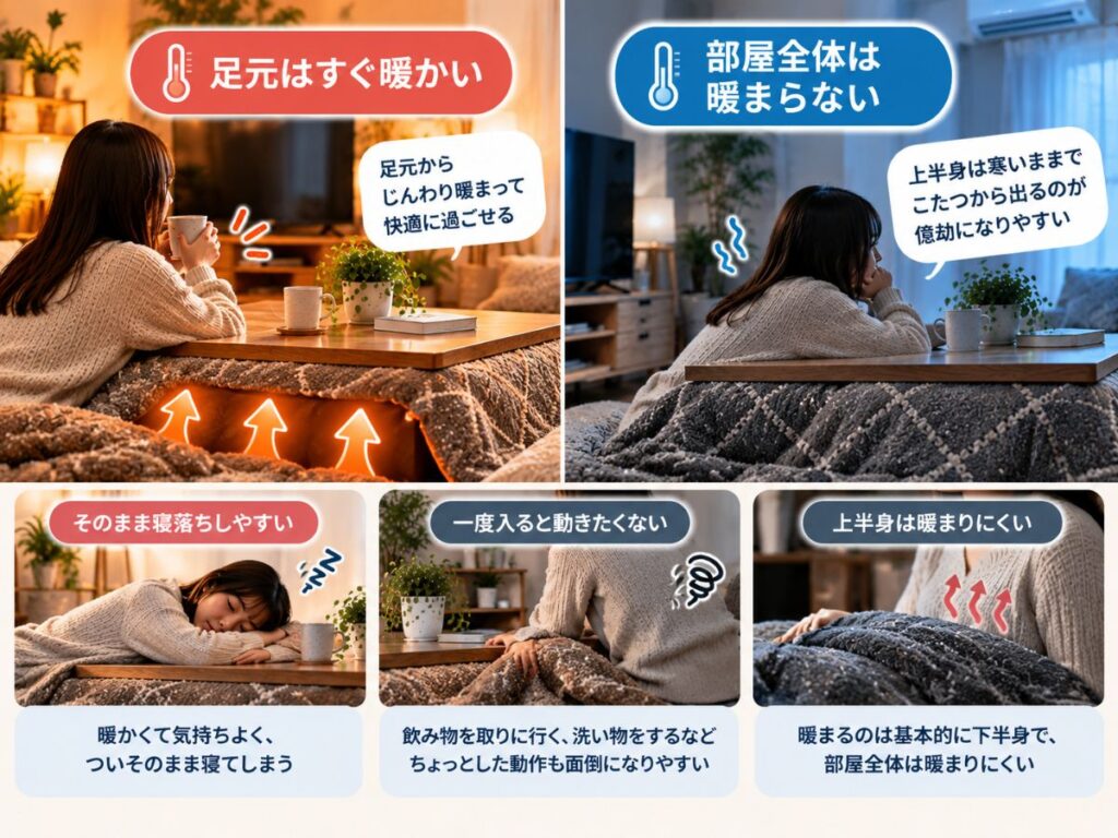 こたつで足元は暖かい一方、部屋全体は暖まりにくく動きにくくなる様子を比較したイメージ
