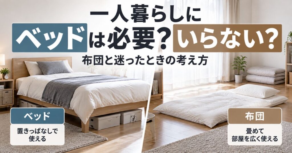 一人暮らしの部屋に置いたベッドと布団を比較するイメージ