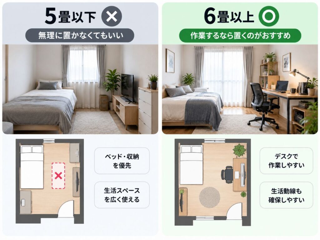 一人暮らしで5畳以下は無理にデスクを置かず6畳以上で作業するなら置く判断例