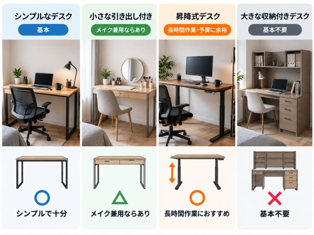 一人暮らし向けのシンプルデスク・引き出し付き・昇降式・収納付きデスクの比較