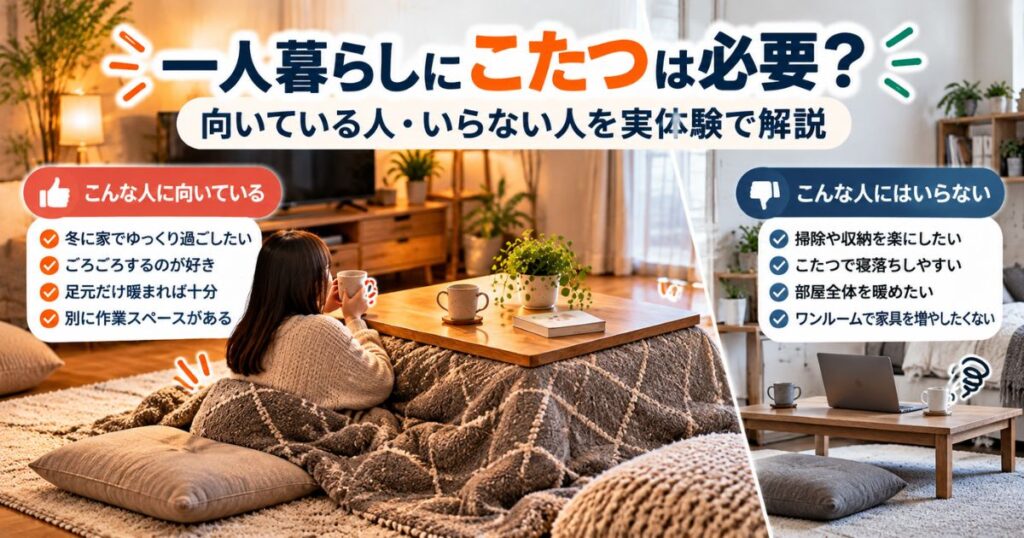 一人暮らしの部屋でこたつが向いている人と向いていない人を比較するイメージ