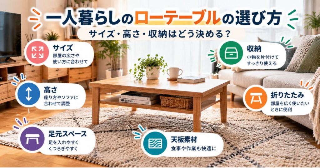 一人暮らし向けローテーブルのサイズ・高さ・収納・足元スペースを比較するイメージ
