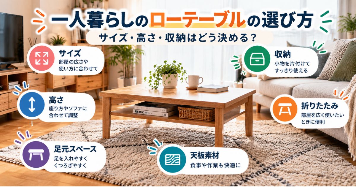 一人暮らし向けローテーブルのサイズ・高さ・収納・足元スペースを比較するイメージ