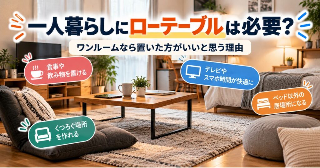 ワンルームでローテーブルを使ってベッド以外のくつろぎスペースを作る一人暮らしの部屋