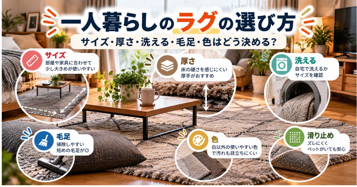 一人暮らし向けラグのサイズ・厚さ・洗いやすさ・毛足・色を比較するイメージ