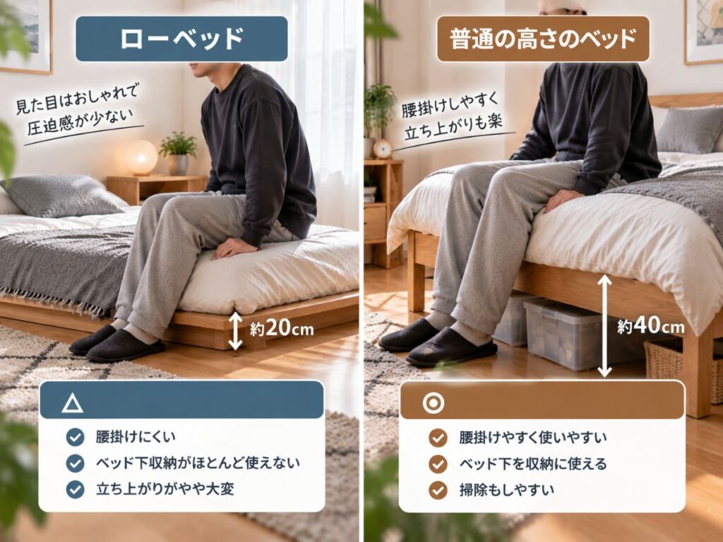 ローベッドと普通の高さのベッドの腰掛けやすさや収納性を比較したイメージ