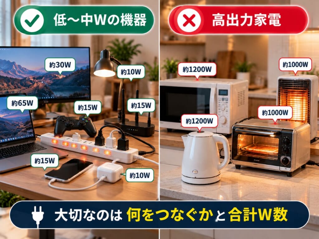 スマホ充電器やPC周辺機器などの低消費電力機器とキッチン・暖房の高出力家電を比較したイメージ