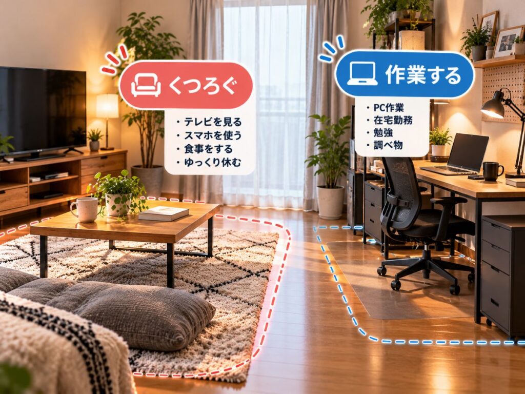 くつろぐローテーブルと作業用デスクを使い分けた一人暮らしの部屋