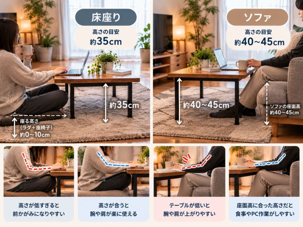 床座りとソファで使うローテーブルの高さを比較したイメージ