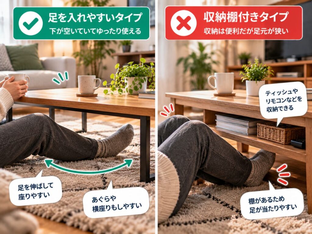 足元が空いたローテーブルと収納棚付きローテーブルの使いやすさを比較したイメージ