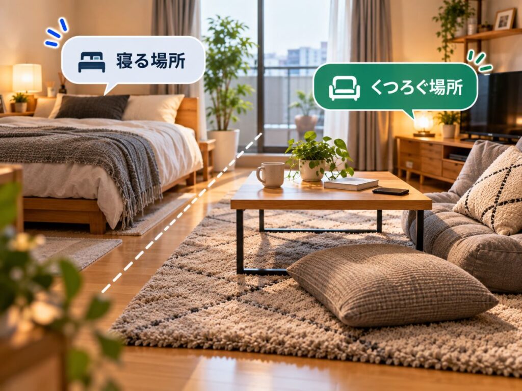 ローテーブルとラグで寝る場所とは別のくつろぎスペースを作った一人暮らしの部屋