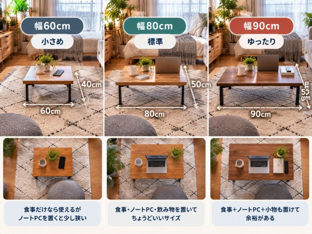 一人暮らし向けローテーブルの幅60cm・80cm・90cmを比較したイメージ