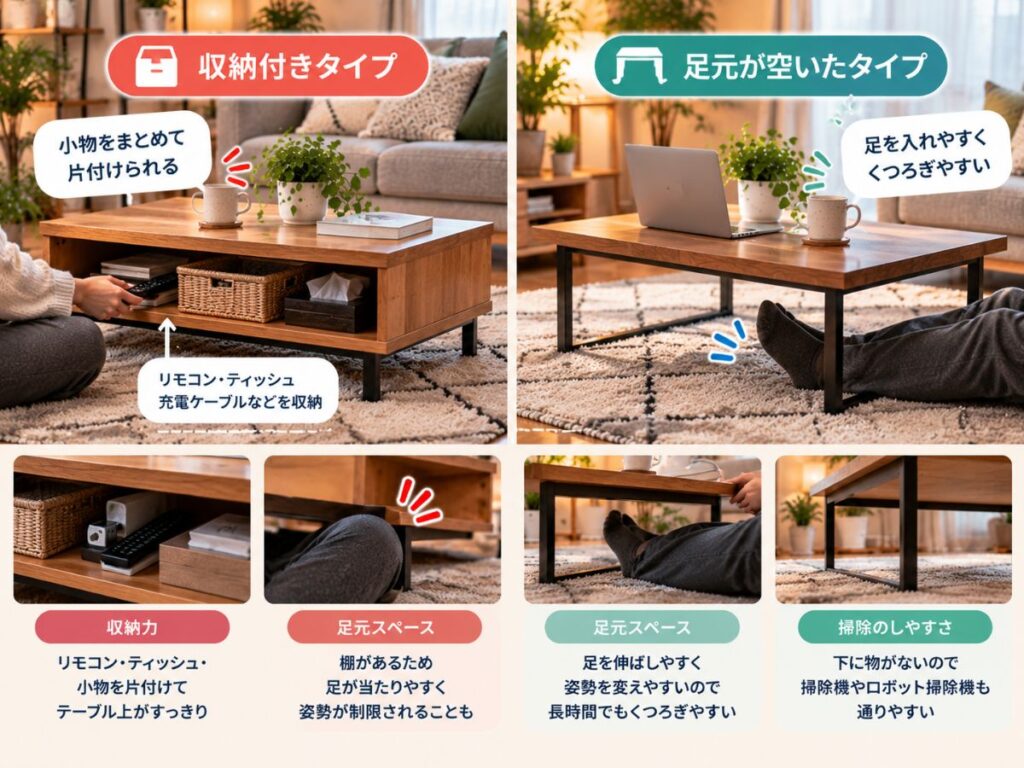 収納付きローテーブルと足元が空いたローテーブルを比較したイメージ