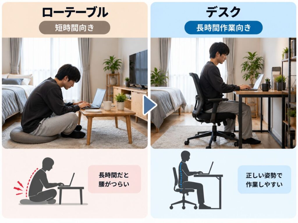 ローテーブルは短時間作業向きでデスクは長時間作業に向いている比較