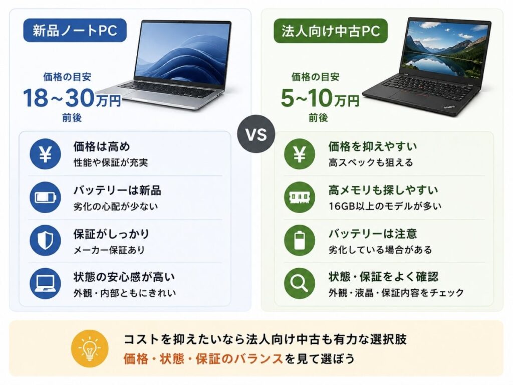 新品ノートPCと法人向け中古PCの価格・バッテリー・保証の違い