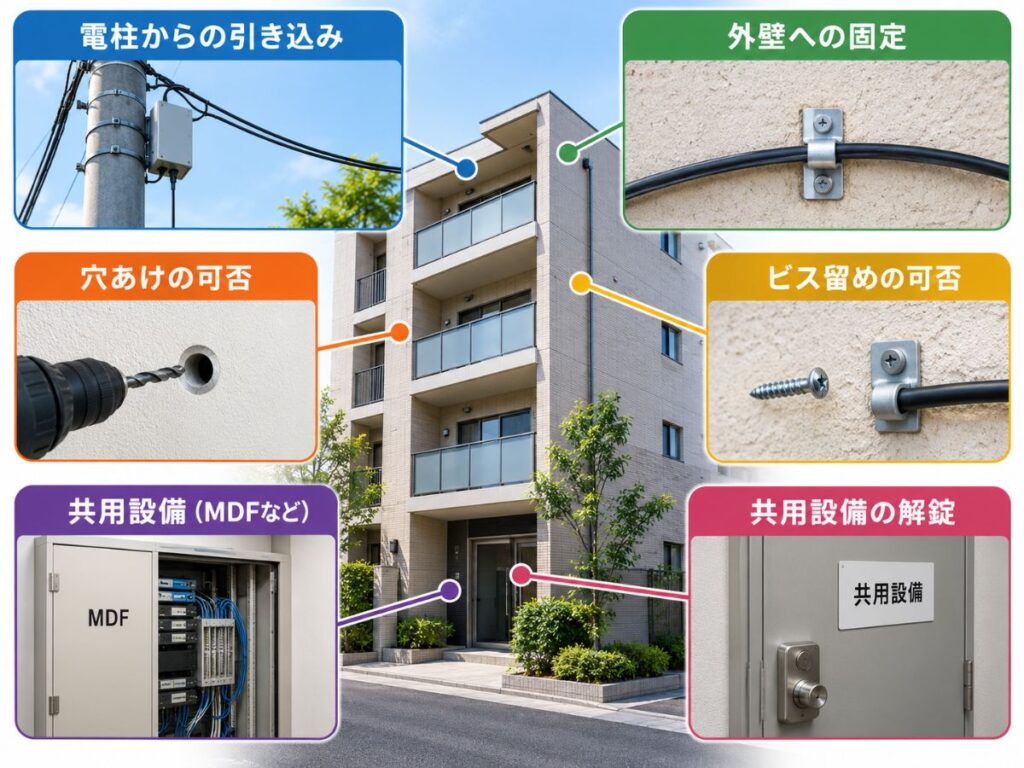 NURO光の賃貸工事で確認したい電柱からの引き込み・外壁固定・穴あけ・ビス留め・MDF・解錠