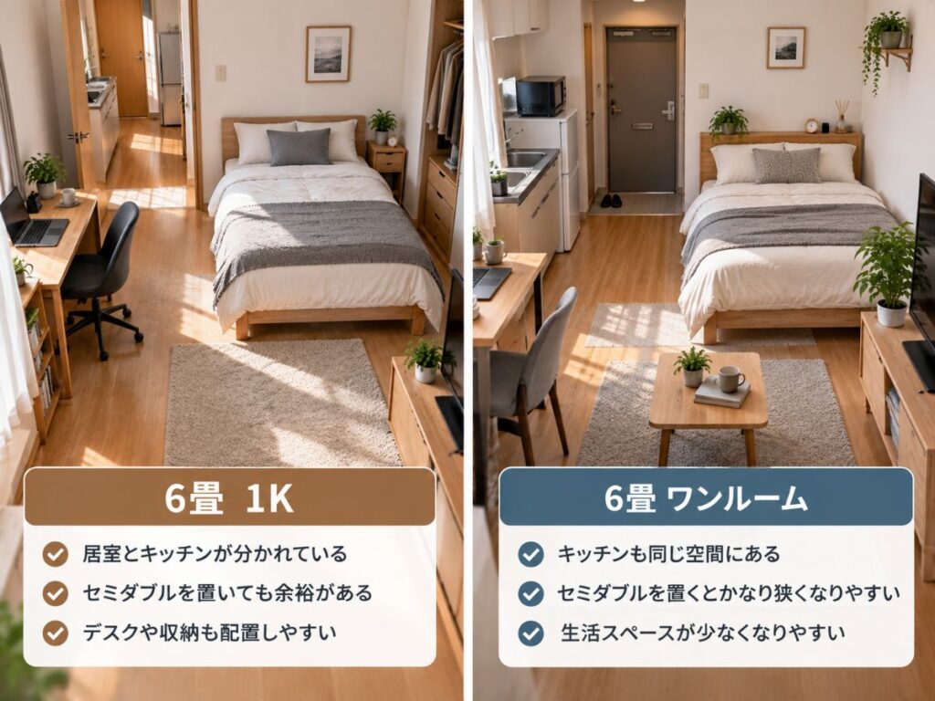 6畳1Kと6畳ワンルームにセミダブルベッドを置いたときのレイアウト比較