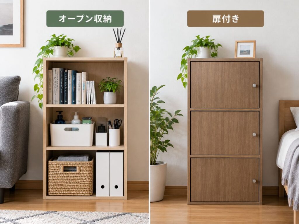 オープンタイプと扉付きカラーボックスの収納方法の違い