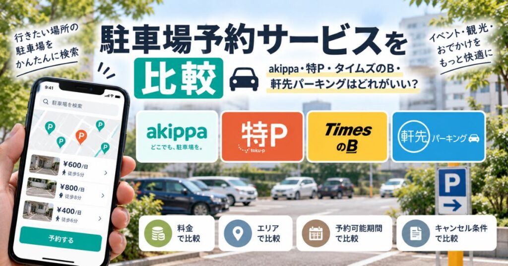 akippa・特P・タイムズのB・軒先パーキングの駐車場予約サービスを比較するイメージ