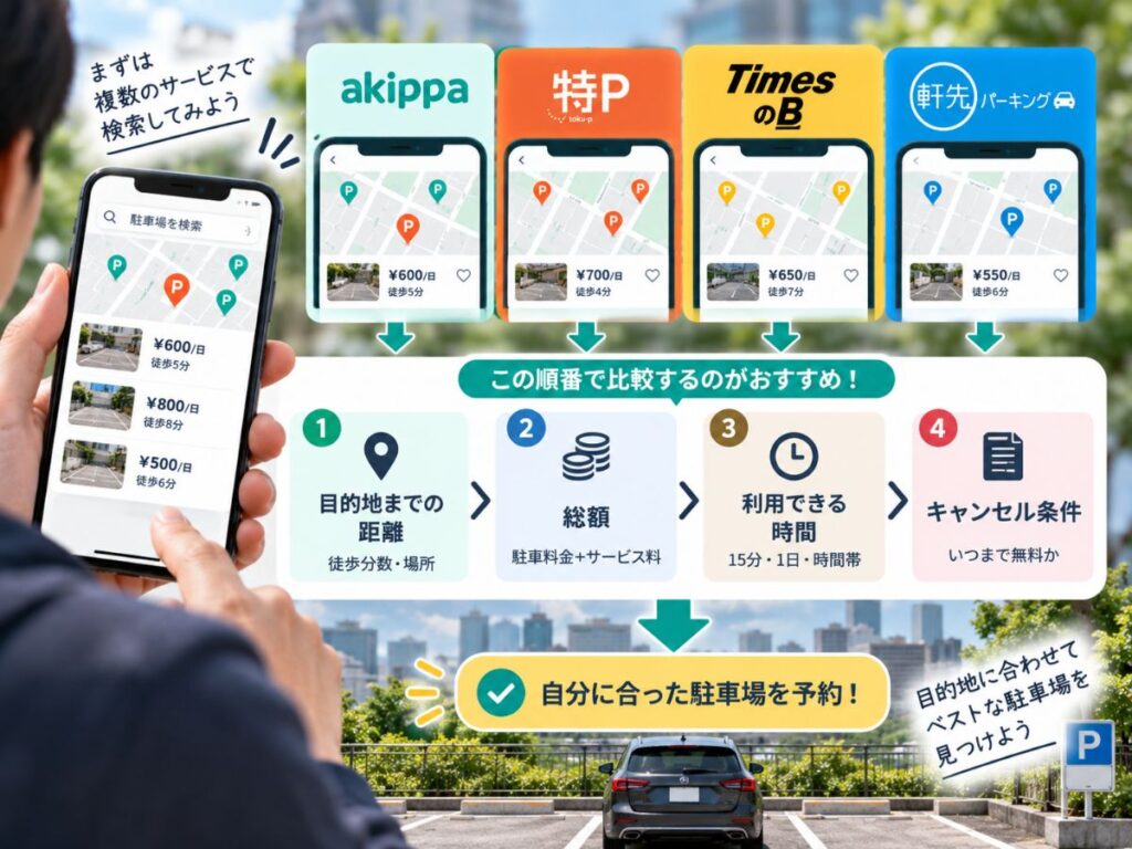 複数の駐車場予約サービスを距離・総額・利用時間・キャンセル条件で比較する流れ