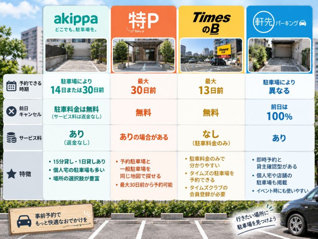 akippa・特P・タイムズのB・軒先パーキングの予約時期やキャンセル条件などを比較したイメージ