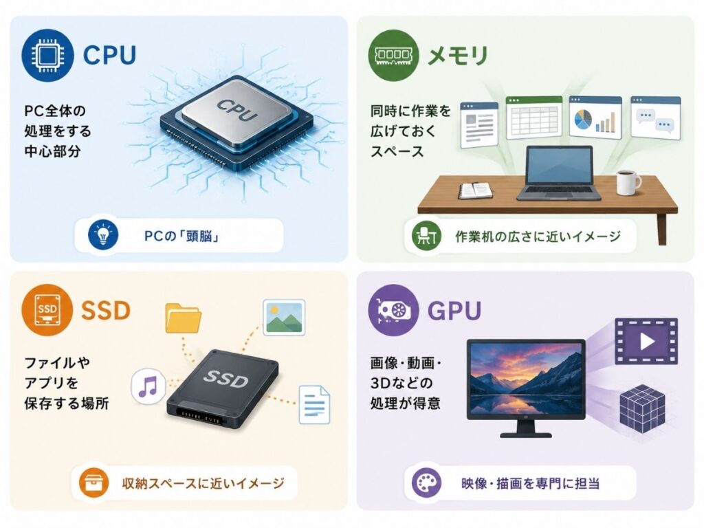 CPU・メモリ・SSD・GPUの役割を分かりやすく整理した図