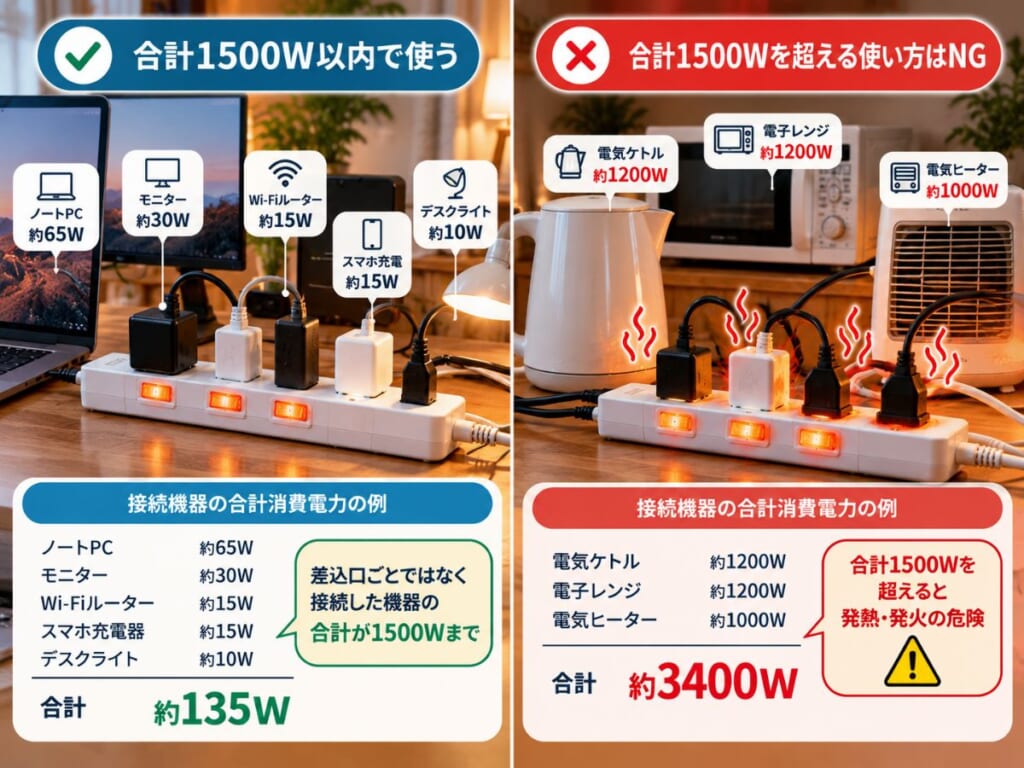 デスク周りの機器と高出力家電で延長コードの使い方を分けるイメージ