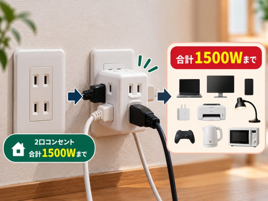 2口コンセントを分岐タップで増やしても合計1500Wの上限は変わらないイメージ