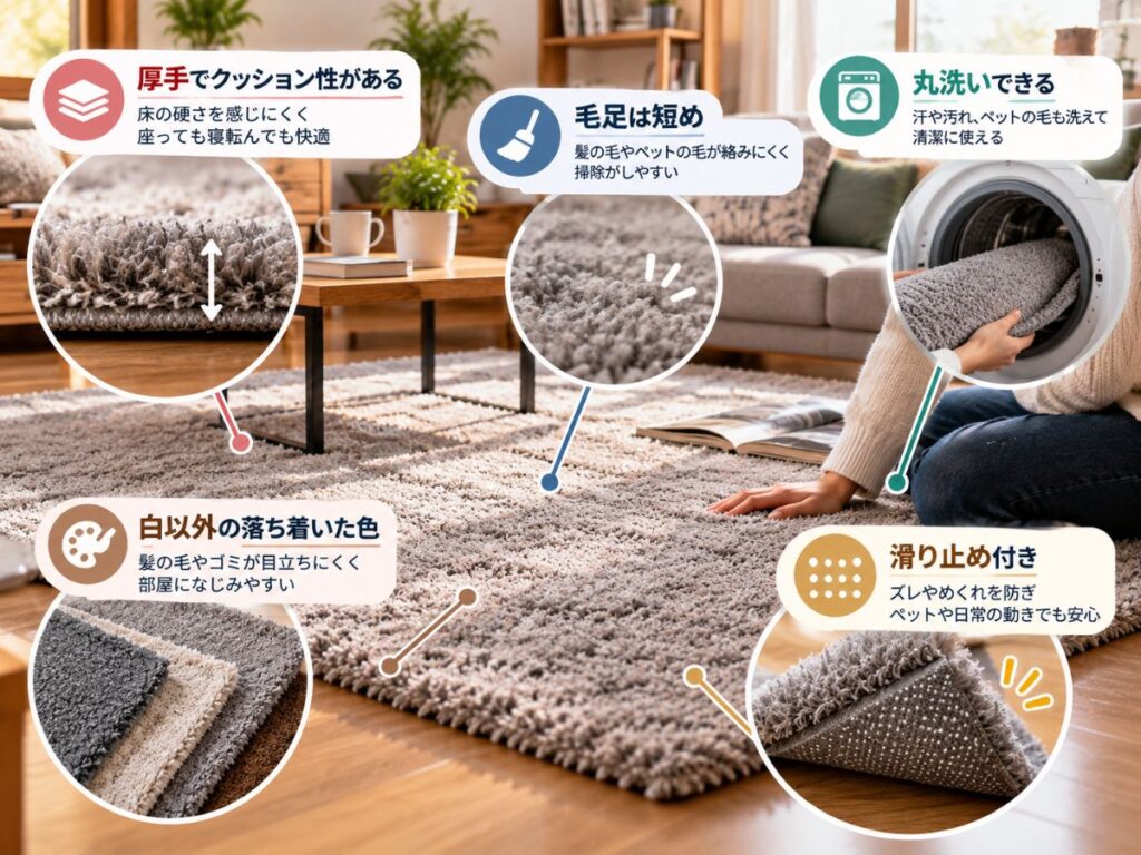 一人暮らしで選びたい厚手・短毛・洗える・滑り止め付きラグの特徴