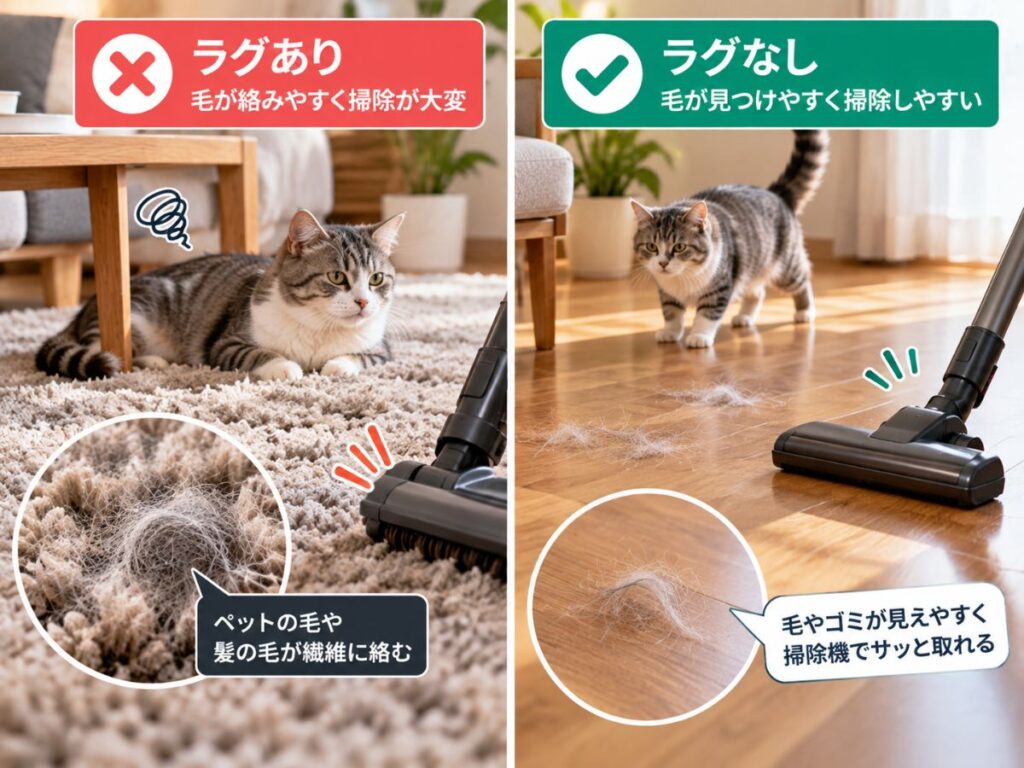 ラグありとラグなしで掃除のしやすさを比較したイメージ