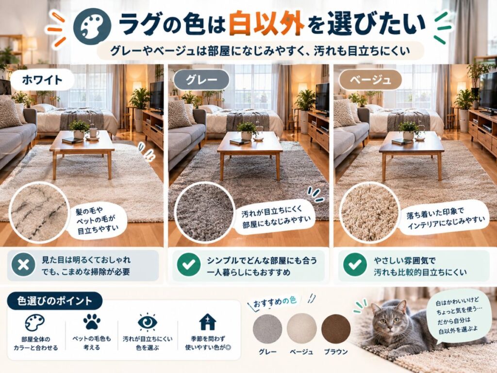 白・グレー・ベージュのラグを一人暮らしの部屋で比較したイメージ