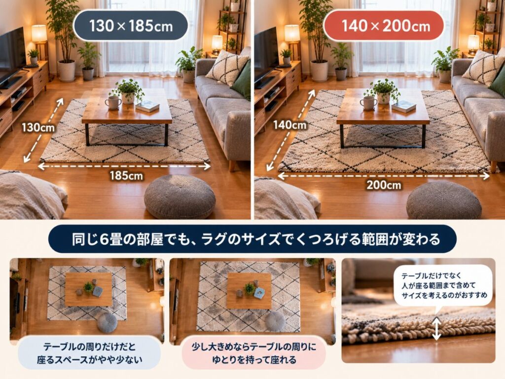 一人暮らしの部屋で130×185cmと140×200cmのラグサイズを比較したイメージ