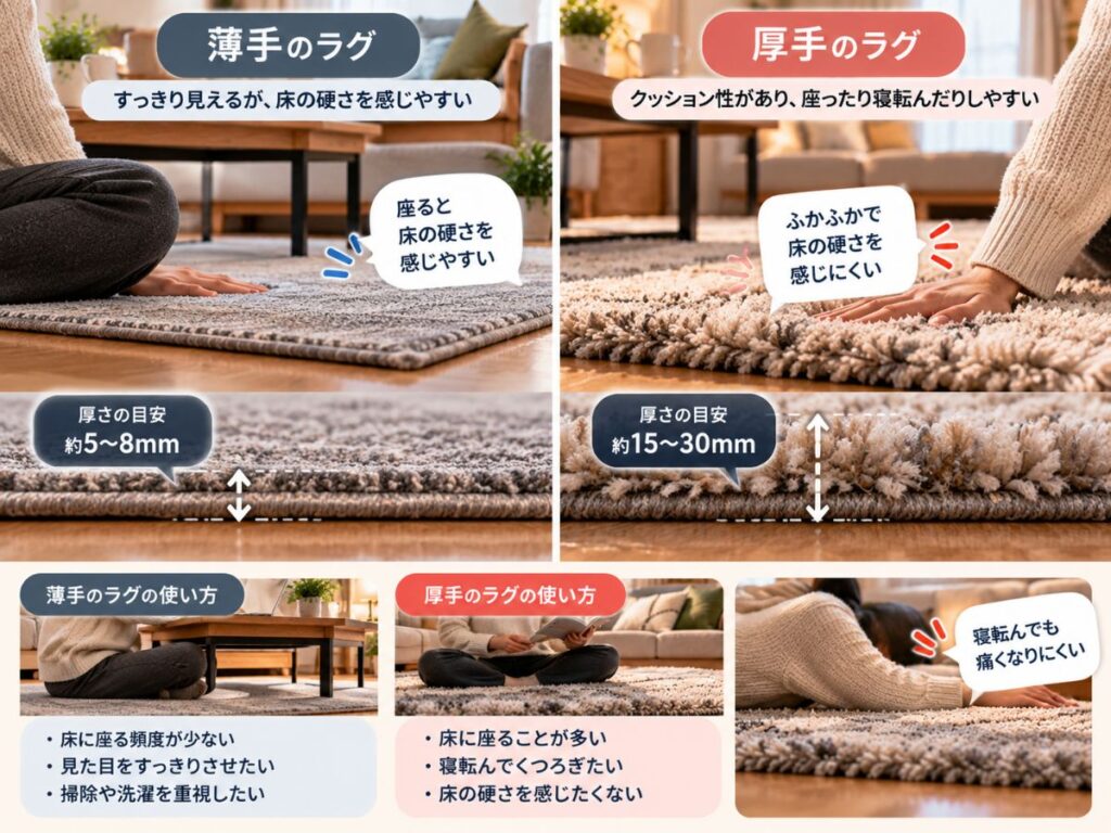 薄手のラグと厚手のラグの座り心地や床付き感を比較したイメージ