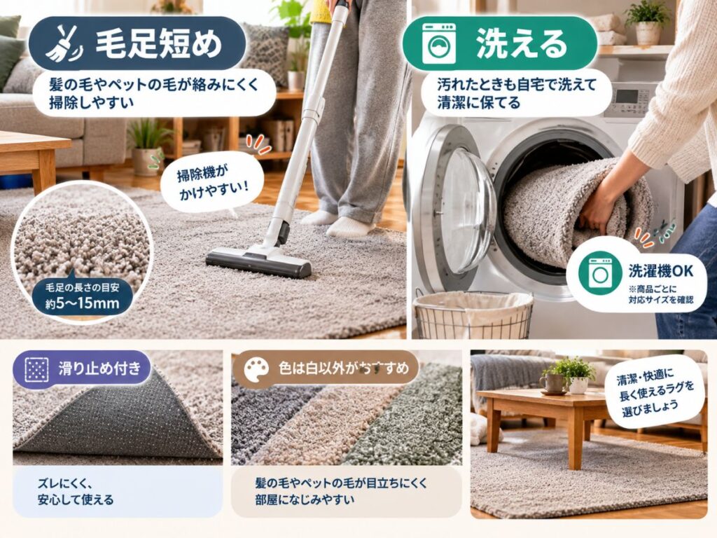 毛足が短く洗濯しやすいラグの特徴をまとめたイメージ