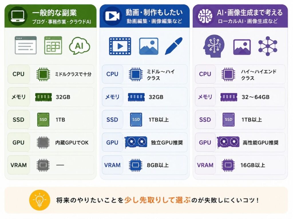 ブログ・動画制作・ローカルAIなど用途別のデスクトップPCスペック目安