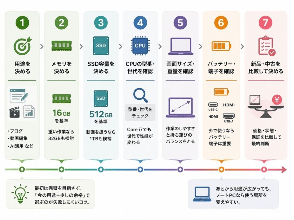 副業用ノートPCを用途・メモリ・SSD・CPU世代・画面サイズ・バッテリーの順に選ぶ流れ