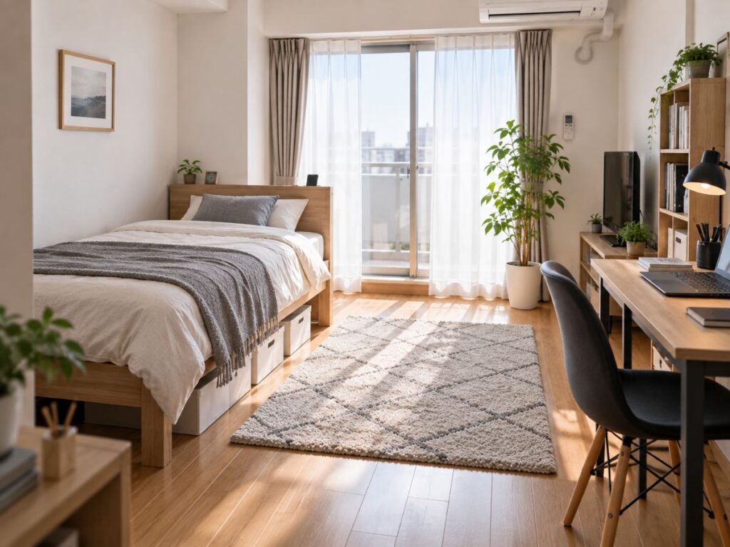 一人暮らしの部屋に置いたシンプルなシングルベッドと生活スペース