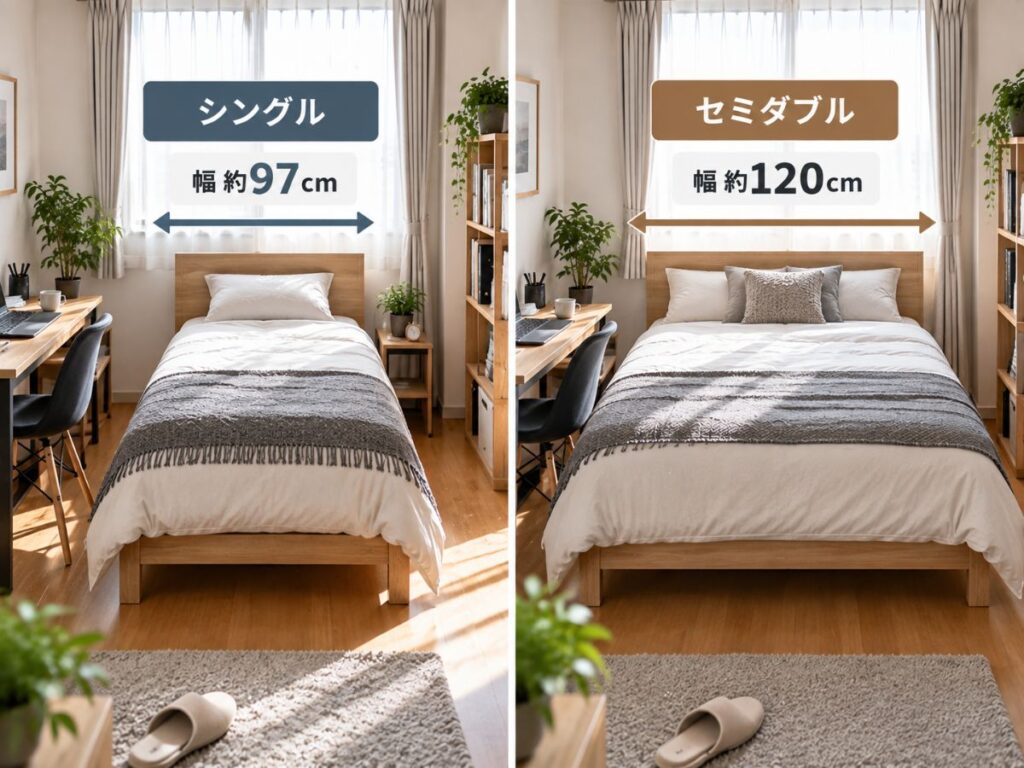 シングルベッド約97cmとセミダブルベッド約120cmの幅を比較したイメージ
