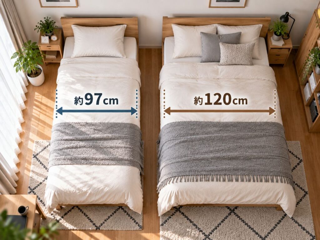 シングル約97cmとセミダブル約120cmのベッド幅を比較したイメージ