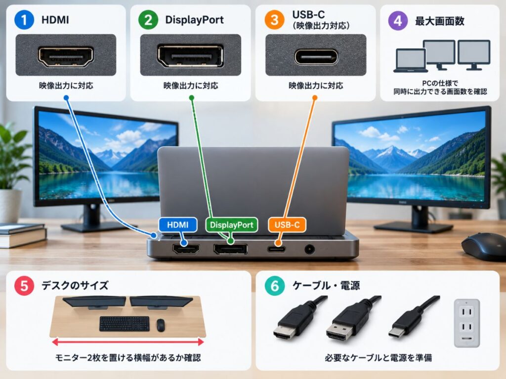 デュアルモニター導入前に確認したいHDMI・DisplayPort・USB-C・最大画面数・デスクサイズ・ケーブル