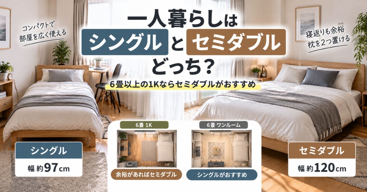 一人暮らし向けのシングルベッドとセミダブルベッドを比較するイメージ
