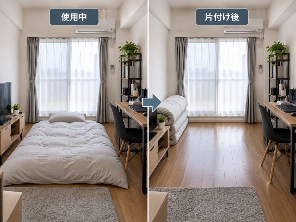 狭い一人暮らしの部屋で布団を畳んで生活スペースを空けたイメージ