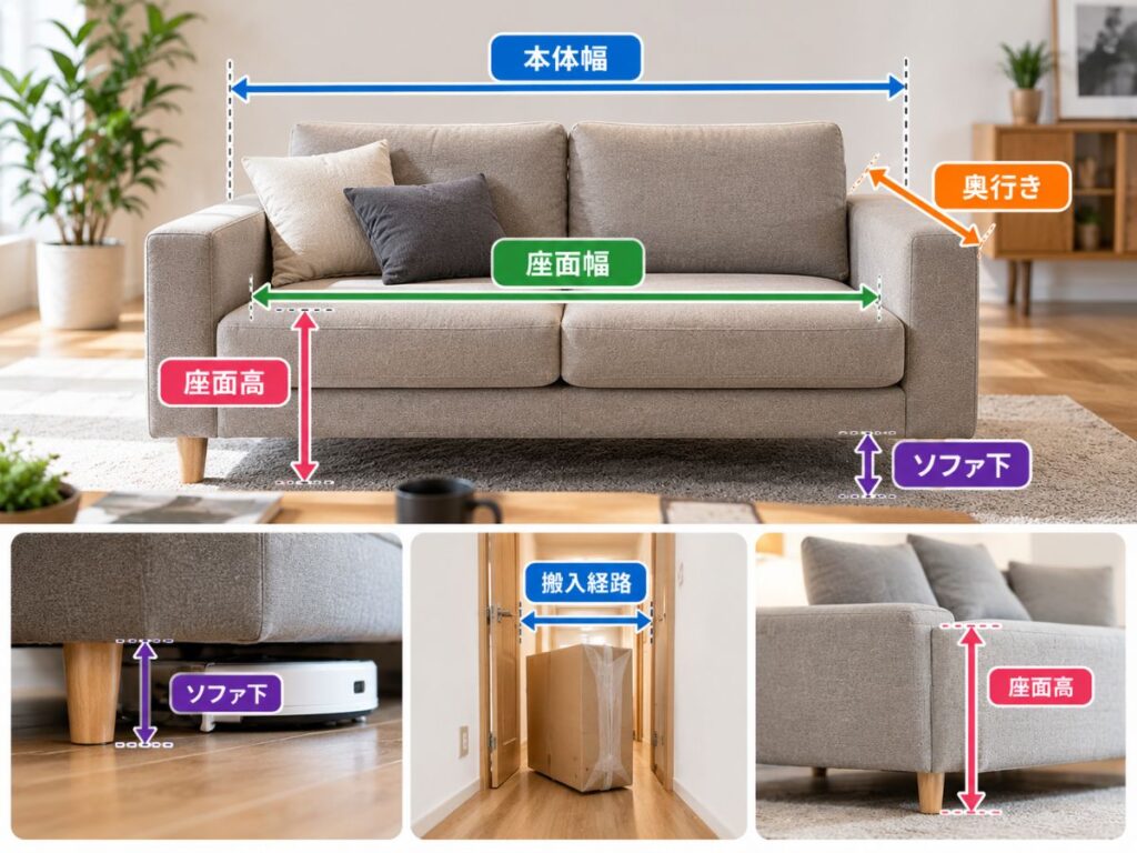 ソファ購入前に確認したい本体幅・座面幅・奥行き・座面高・ソファ下・搬入経路