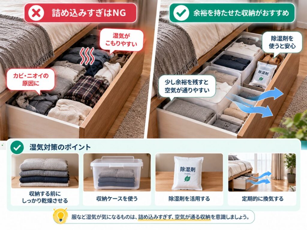 収納付きベッド下の詰め込みすぎと湿気対策を比較したイメージ