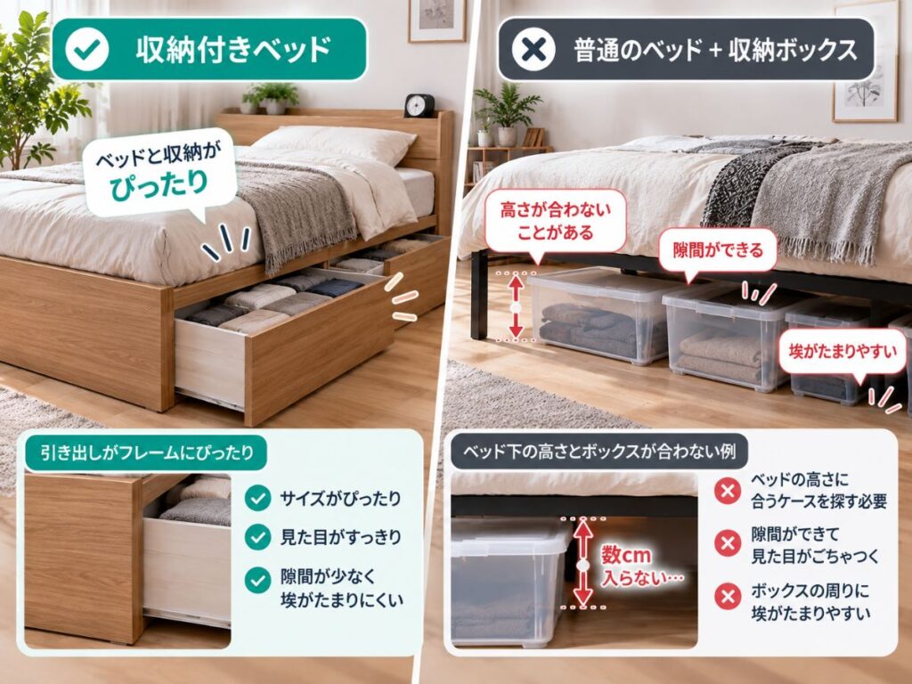 収納付きベッドと後付け収納ボックスのサイズや隙間を比較したイメージ