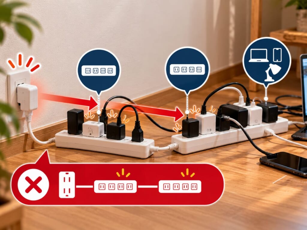 電源タップを連結しても使える電力は増えず、たこ足配線が増える様子を示したイメージ