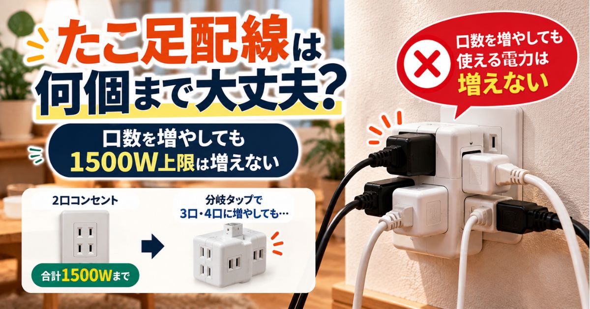 壁コンセントの1500W上限と分岐タップで口数を増やしても使える電力は増えないことを説明するイメージ