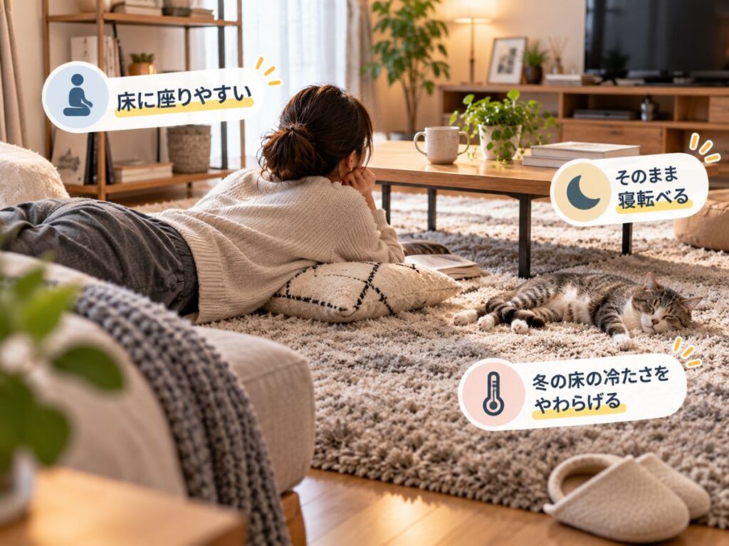 厚手のラグの上で床に座ったり寝転んだりする一人暮らしの部屋