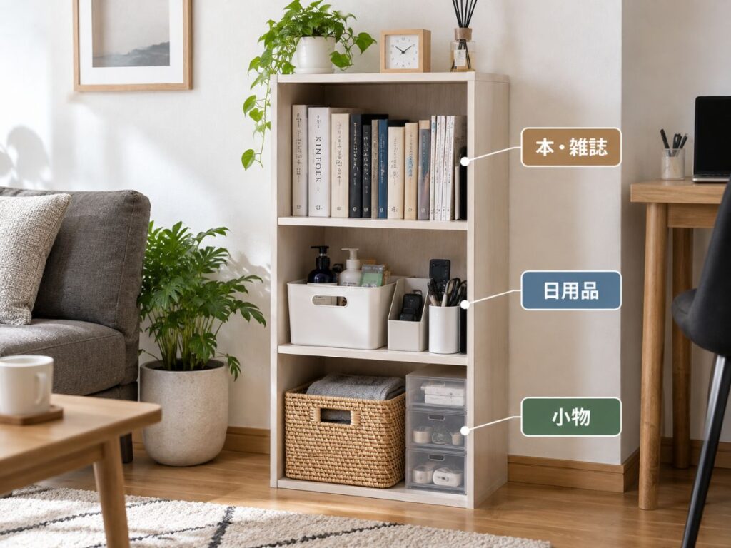 本や日用品、小物を収納した3段カラーボックス