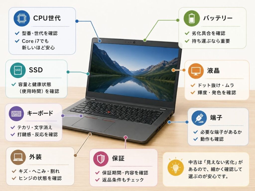 中古ノートPC購入時に確認したいCPU世代・バッテリー・SSD・液晶・キーボード・端子・外装・保証